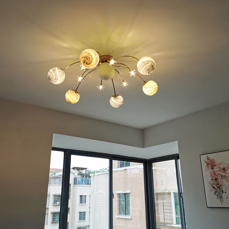 Gold Spherical Semi Flush Mount Lighting Nordic Style Glass Semi Flush Light for Bedroom