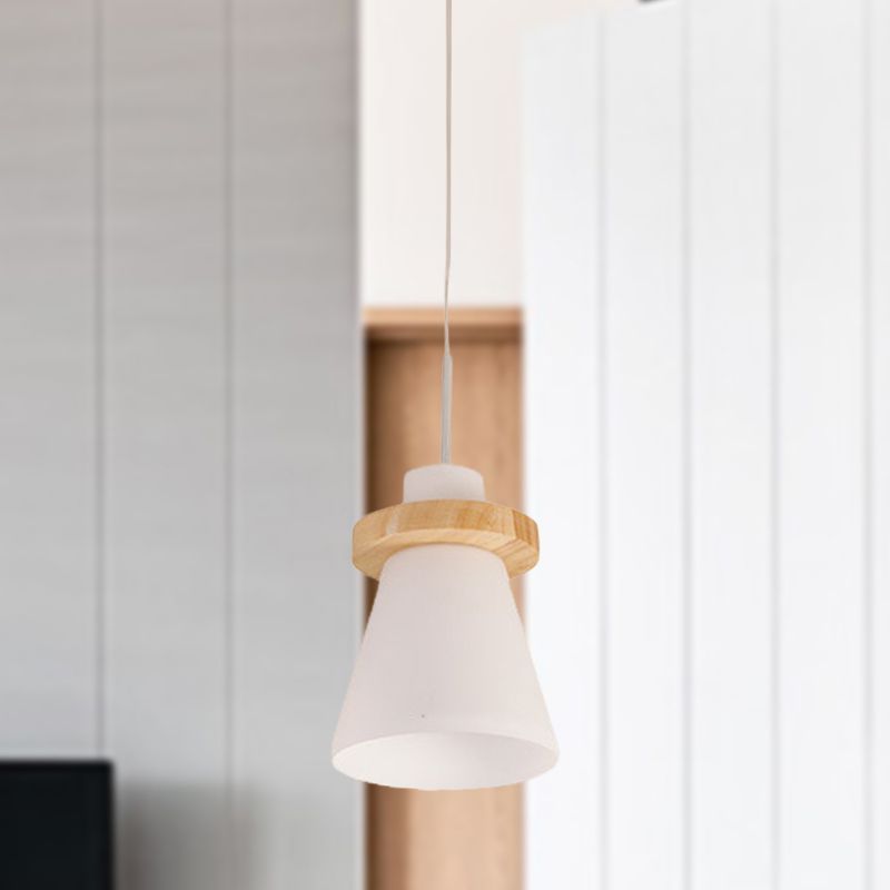 Minimalist Conical White Glass Hanging Light 1 Light Pendant Light with Wood Ring Decoration