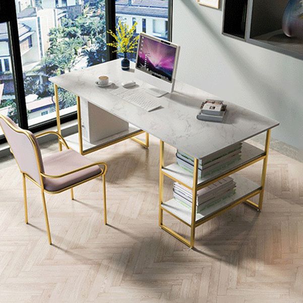 Glam Style Computer Desk Marble Rectangular Office Desk With Storage Shelf