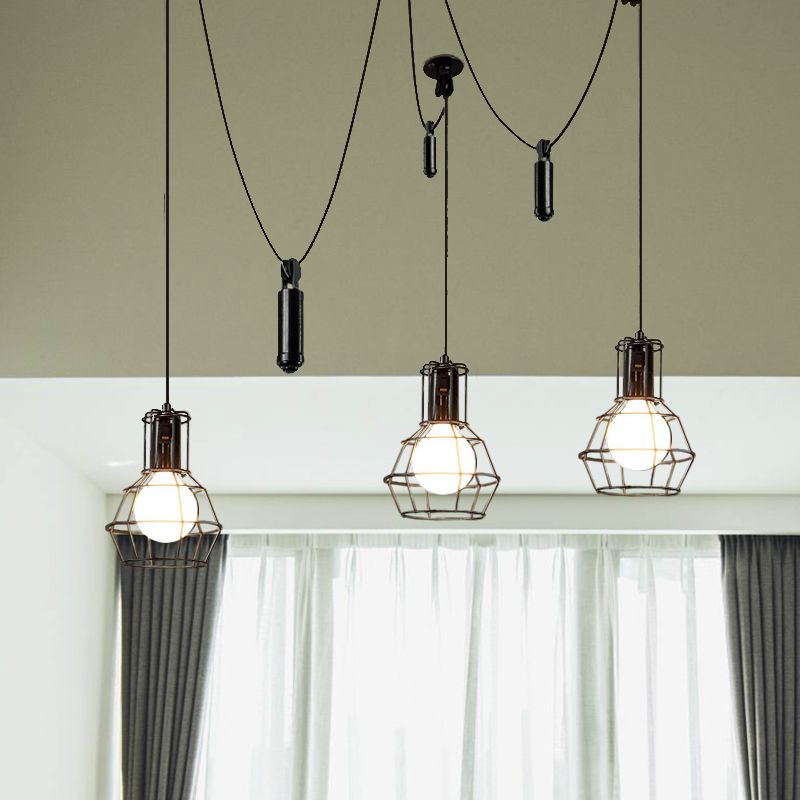 3/5/8 Heads Caged Pendant Light Fixture Farmhouse Black Metallic Hanging Lamp with Swag Design