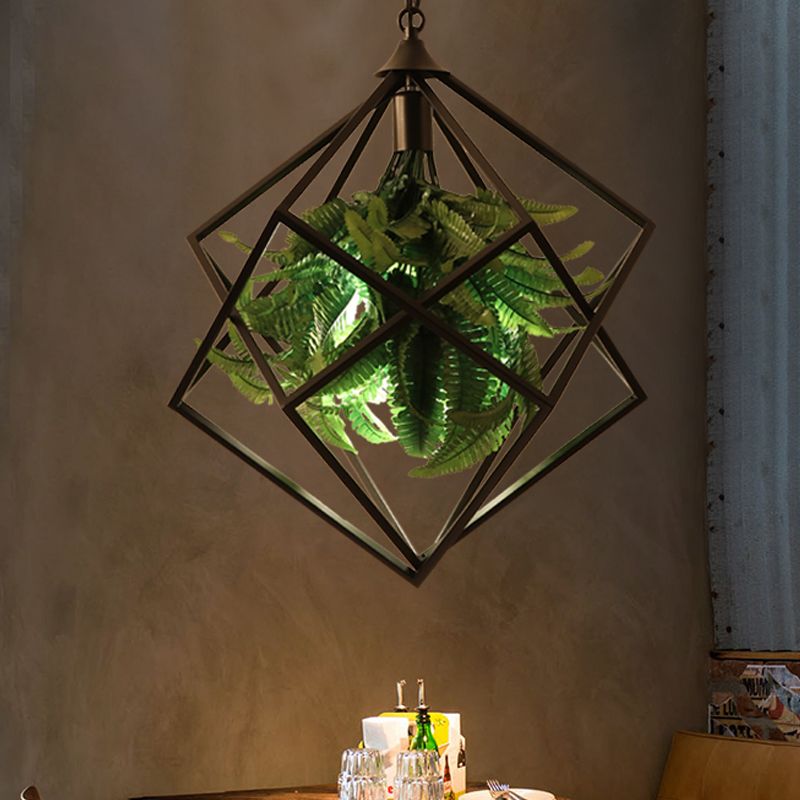 Metaal geometrisch hangende plafondlicht retro 1 lamp restaurant LED suspensielamp in zwart met plant, 18 "/21,5" breed