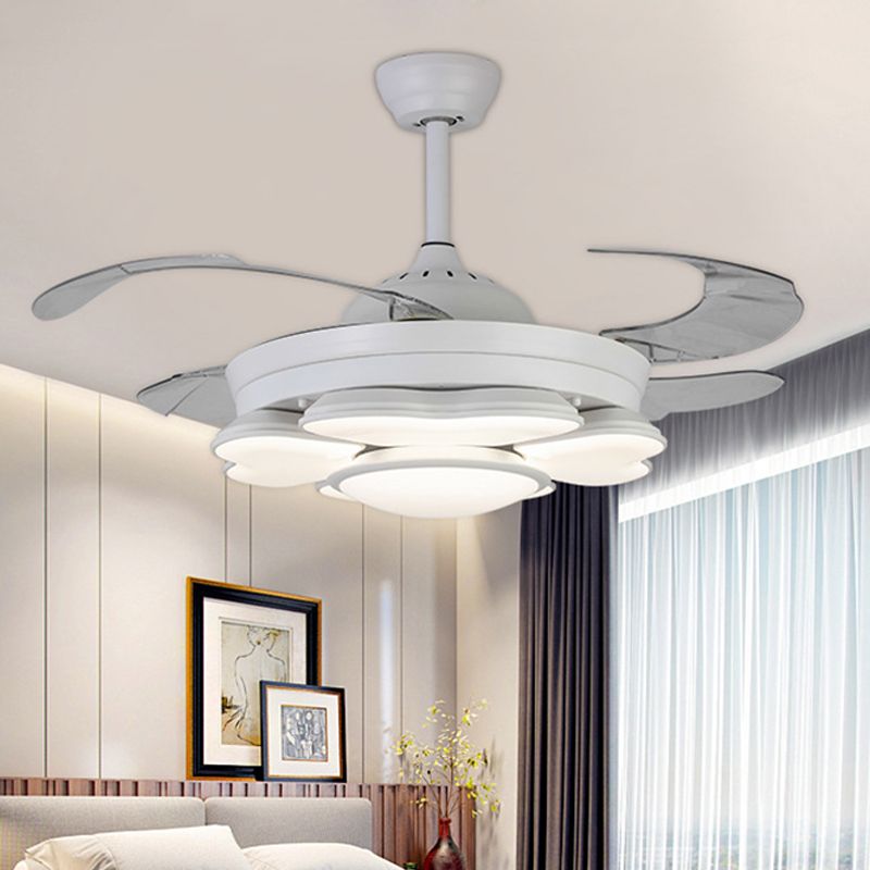 42" W LED Acrylic Hanging Fan Lamp Nordic White Ring  Bedroom Semi Flush Mount Light Fixture with 4 Blades, Remote/Wall Control/Remote and Wall Control