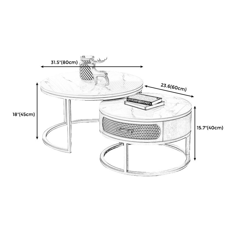 Modern Metal Frame Storage Coffee Table White Slate Round Table