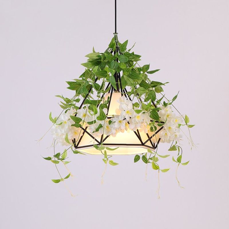 Weiß/rosa 1-Bulb-Deckenlampe Industrial Iron Diamond Cage Drop Anhänger mit Kirschblütendekor, 10 "/15"/18 "breit