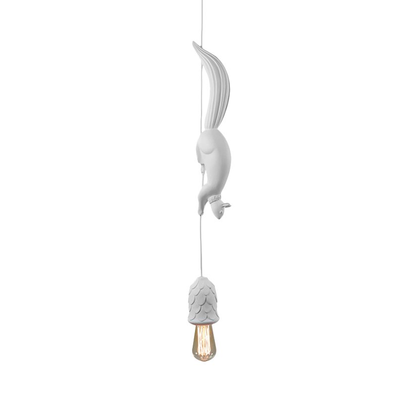 Kids Exposed Bulb Resin Drop Pendant Single Hanging Ceiling Light in White/Black/Brown with Squirrel Tracking Pinecone Design