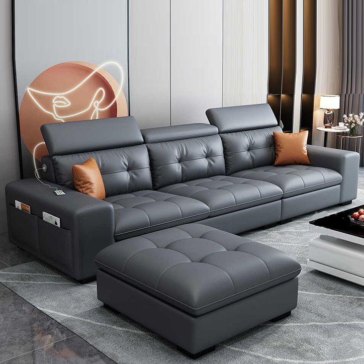 Modern Tufted Sofa & Chaise Recessed Arm Grey Faux Leather Sofa with Storage