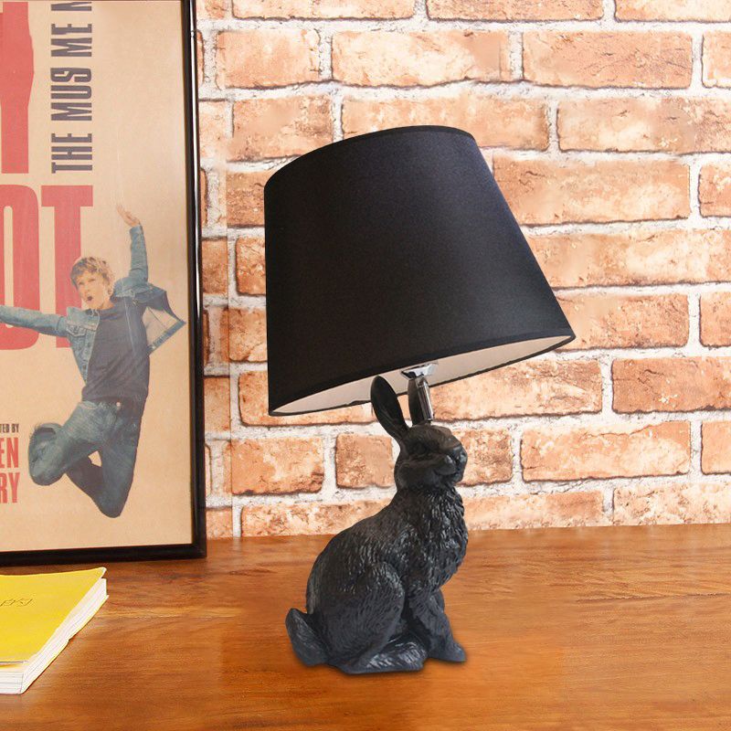 Black Rabbit-Like Nightstand Lamp Cartoon 1 Light Resin Table Light with Fabric Shade