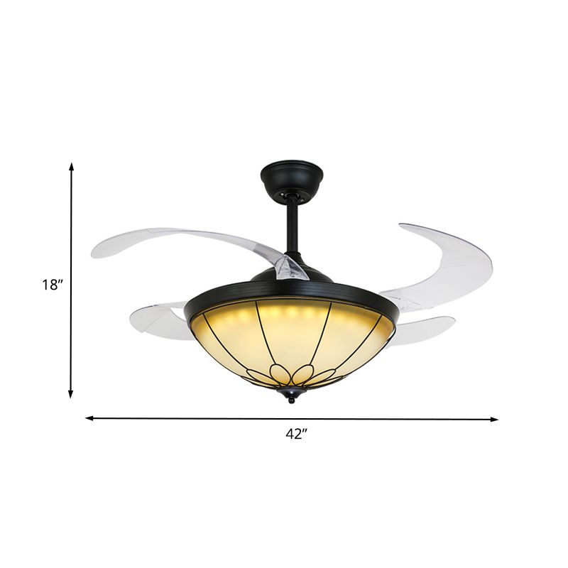 42" W LED Dome Semi Flush Mount Lamp Traditional Black Opal Glass 4 Blades Ceiling Fan Light for Dining Room, Wall/Remote Control