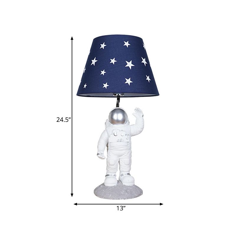 Blue Empire Shade Night Lamp Kids Single Star Patterned Fabric Table Lighting with Carved Spaceman Base, 10"/13" Wide