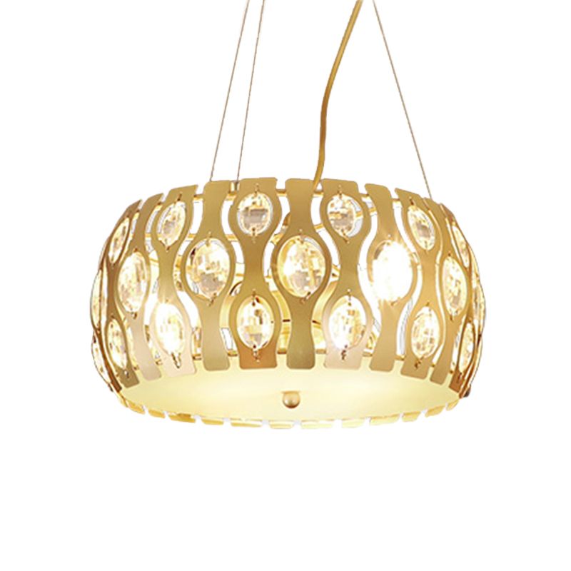 Lampadario a sospensione del tamburo in metallo moderno 3/4 luci da 15 "/19" Lampada a soffitto in oro con accento cristallino