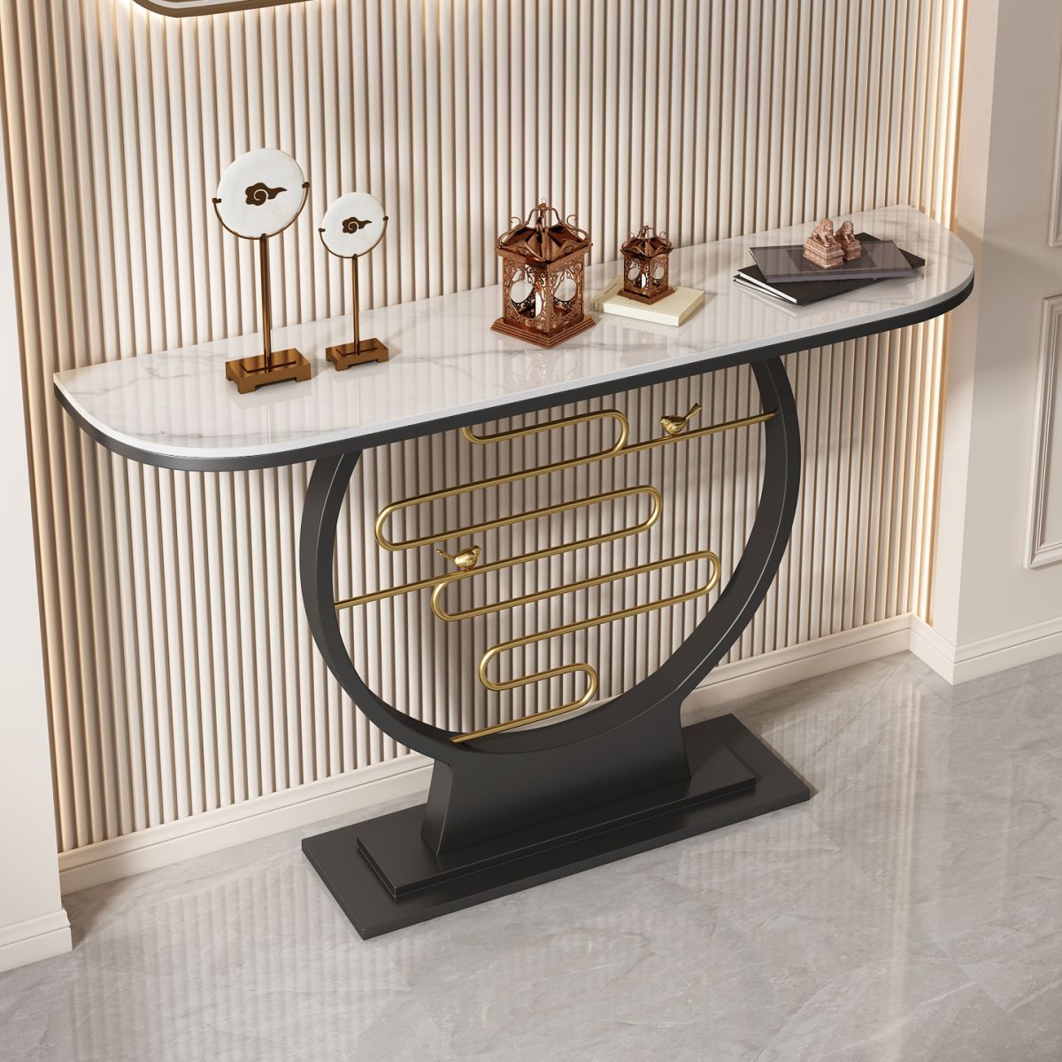 Black Pedestal Base Console Table with Half Moon Stone Top Accent Table