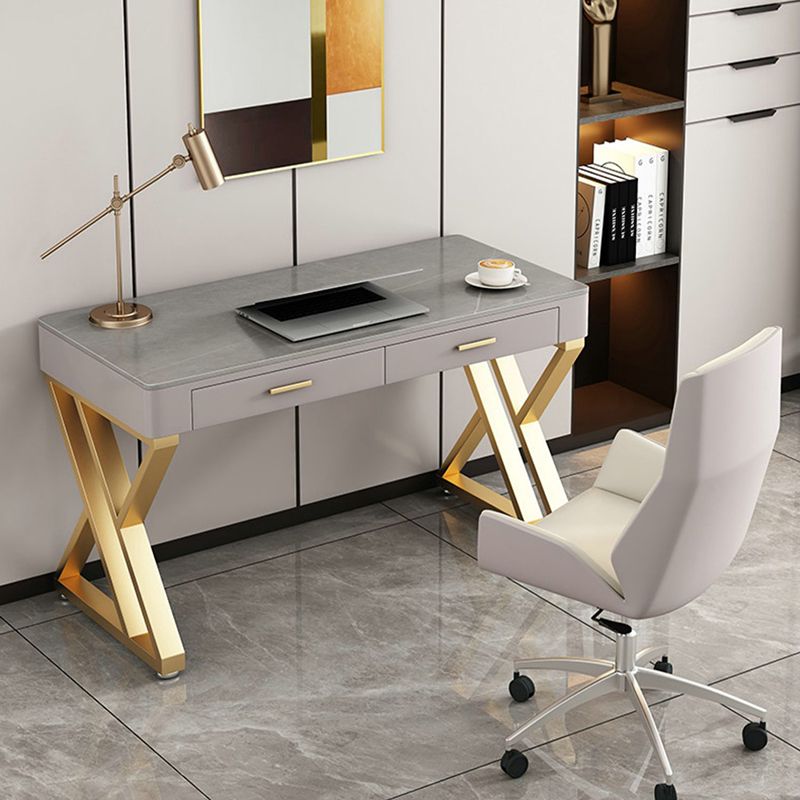 Glam Grey Office Desk Rectangular Executive Desk with Drawers