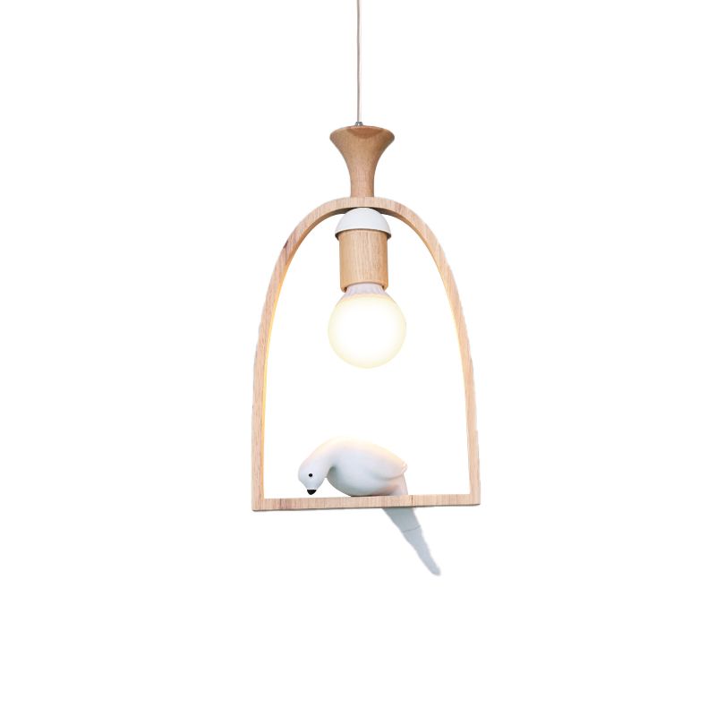 Open Bulb Restaurant Hanging Light Wood 1 Head Pendant Light with Pigeon in White