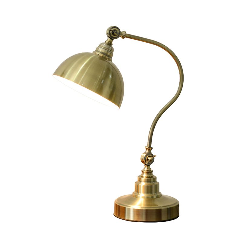 Metal Antique Gold Night Lamp Bowl Shade 1 Bulb Vintage Table Light with Adjustable Joint and Curved Arm