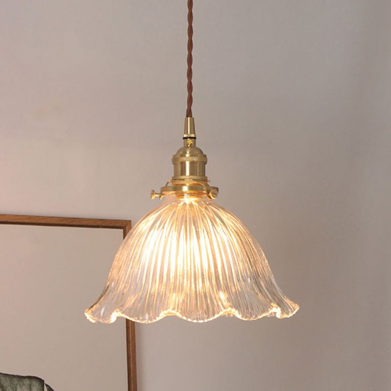 Floral Shade Clear Ribbed Glass Suspension Light Simplicity Living Room Pendant Light Fixture