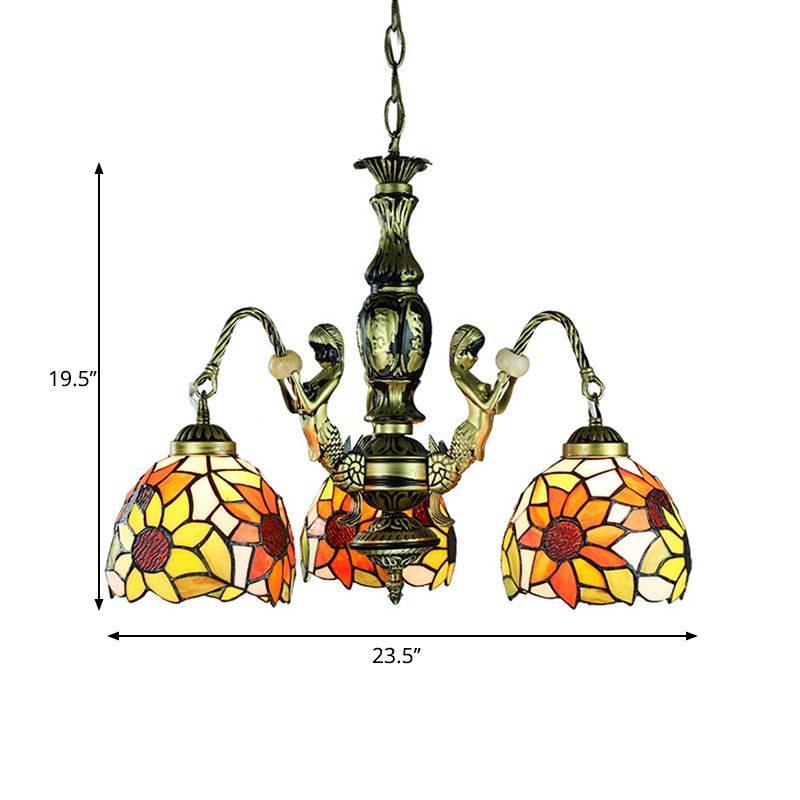 3 Lights Dining Room Ceiling Lamp Baroque Orange Chandelier Pendant Light with Sunflower Stained Glass Shade