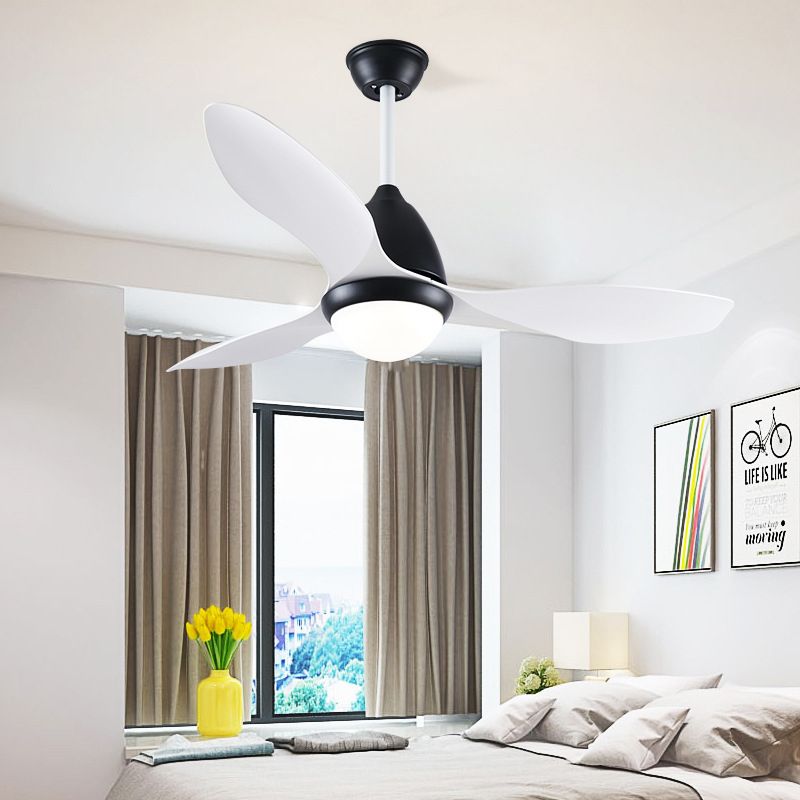 Black Dome Semi Flush Mount Modern Metallic Bedroom LED Hanging Pendant Fan Light with 3 White Blades, 48" Wide