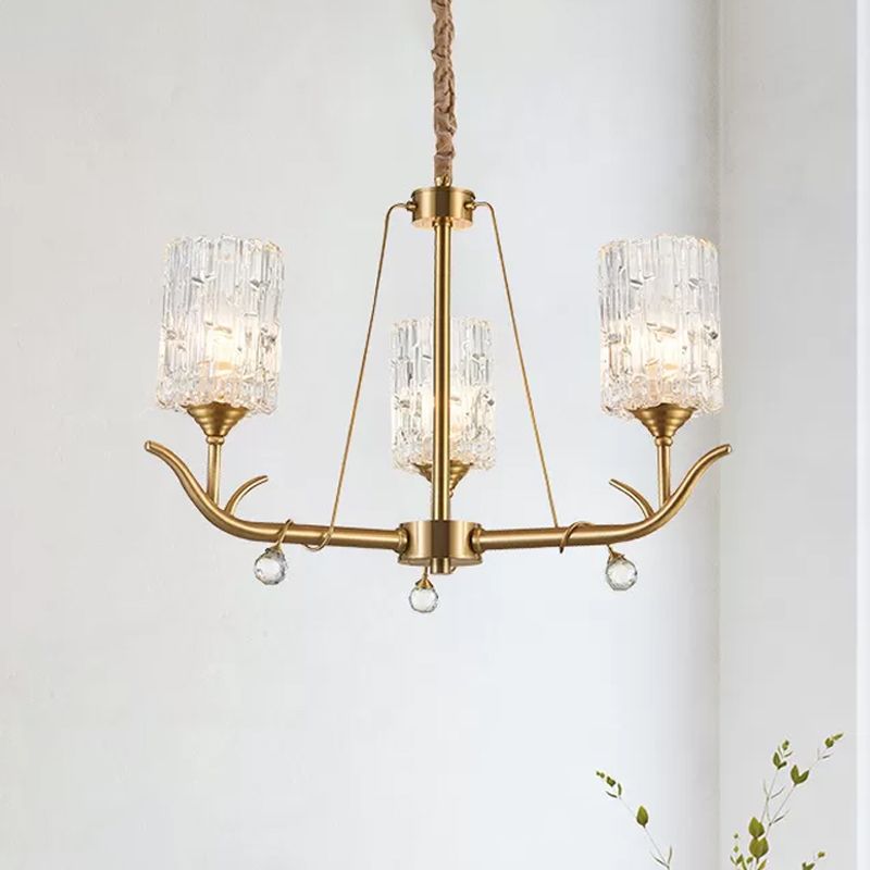 3/6/8-Light Hand-Blown Textured Glass Chandelier Postmodern Brass Cylinder Dining Room Hanging Ceiling Light