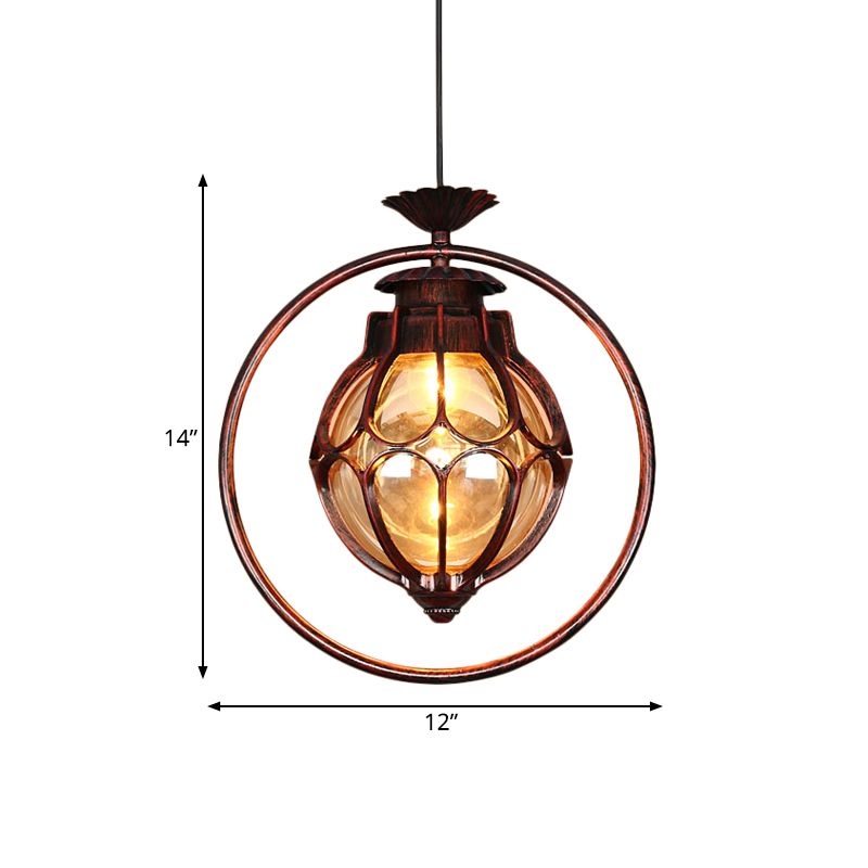 1 leichte Suspensionslampe Rustikale Globe Bernsteinglas Hanges Anhänger Licht in Kupfer mit Eisenring