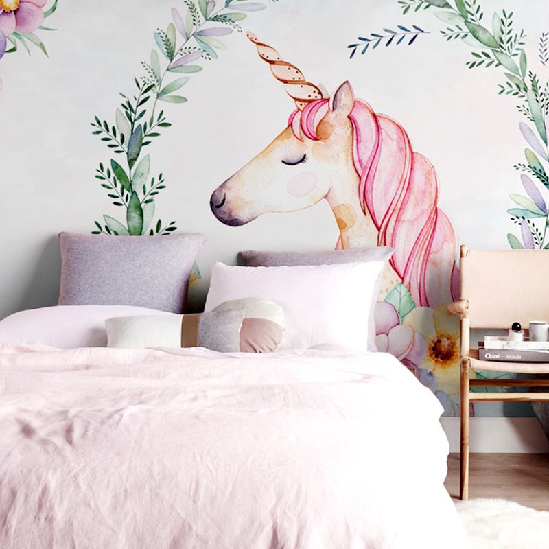 Full Size Cartoon Horse Mural Wallpaper in Pink Non-Woven Fabric Wall Decor for Girl's Bedroom, Made to Measure