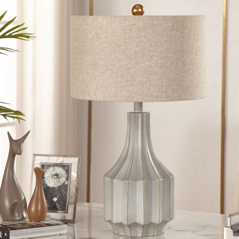 1-Light Drum Table Lamp Countryside White/Beige Fabric Reading Book Lighting with Ridged Vase Base