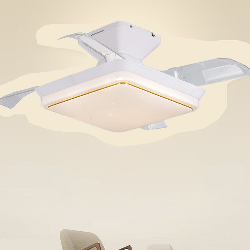 Minimalist Square LED Ceiling Fan Lamp Dining Room Semi Flush Light Fixture in White