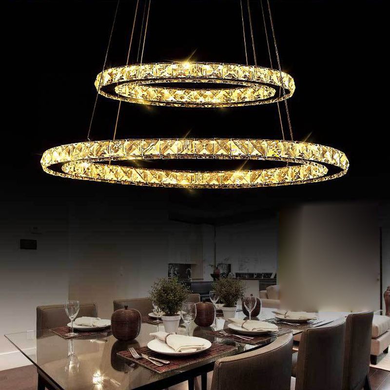 Stainless-Steel Silver LED Pendant Light in Modern Luxury Style Circular Ceiling Light with Crystal Shade