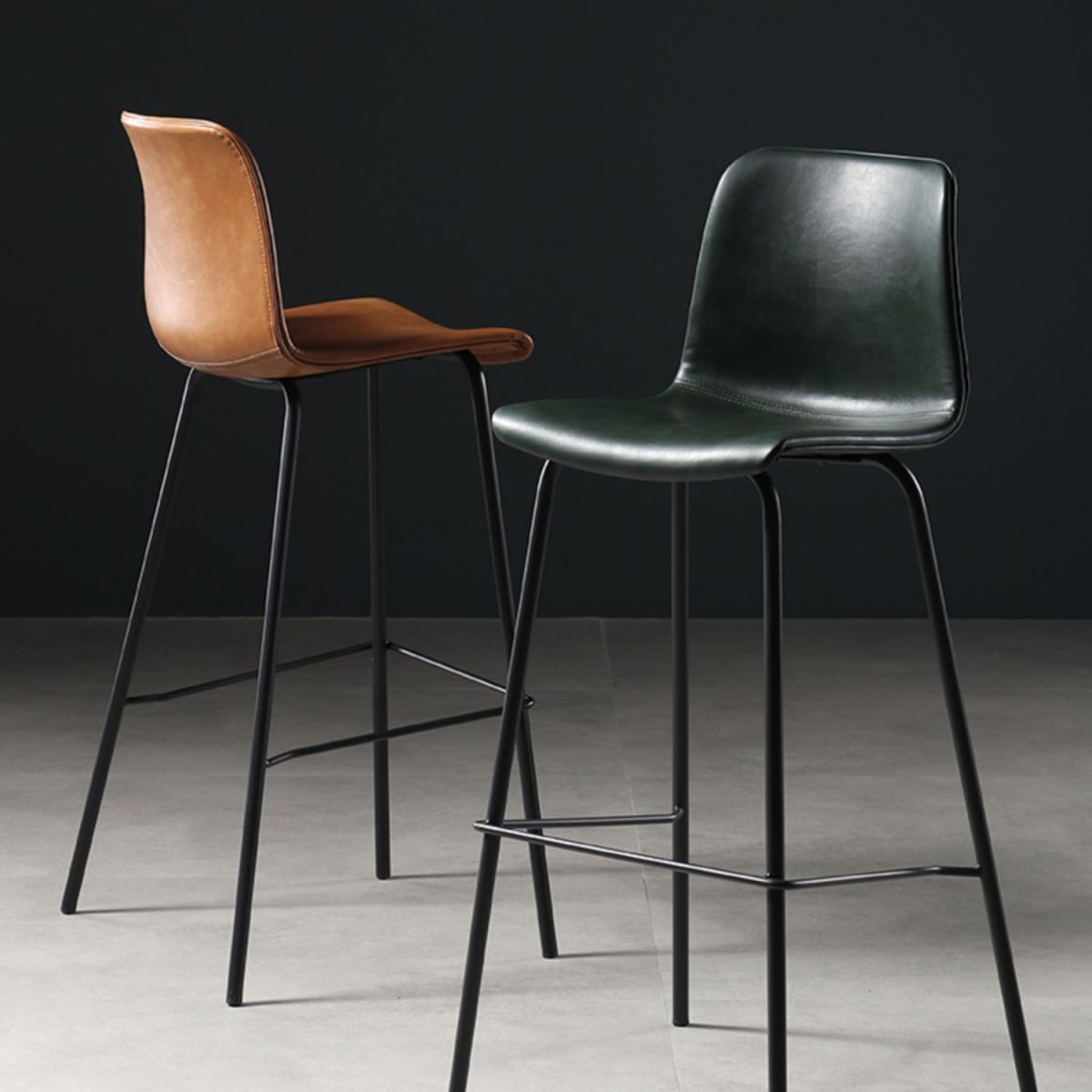 Glossy Leather Square Bar Stool Industrial Metal Stools with Back Legs