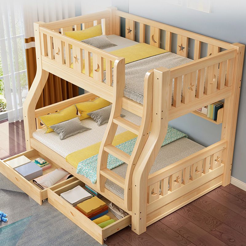 Contemporary Natural Solid Wood Bunk Bed with Built-In Ladder