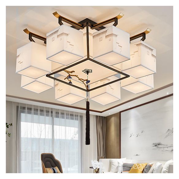 Wit Sputnik LED -plafondlicht in traditionele artistieke stijl Stoffen Indoor Semi Flush Mount met keramische bloemendecoratie