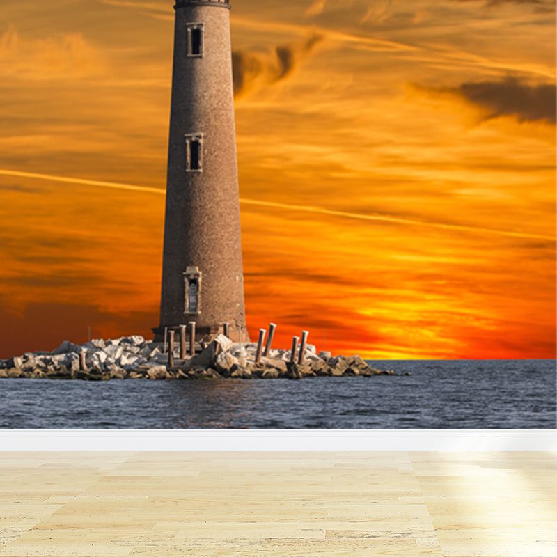 Large Lighthouse Mural Wallpaper Coastal Sea Landscape Wall Covering in Pastel Color