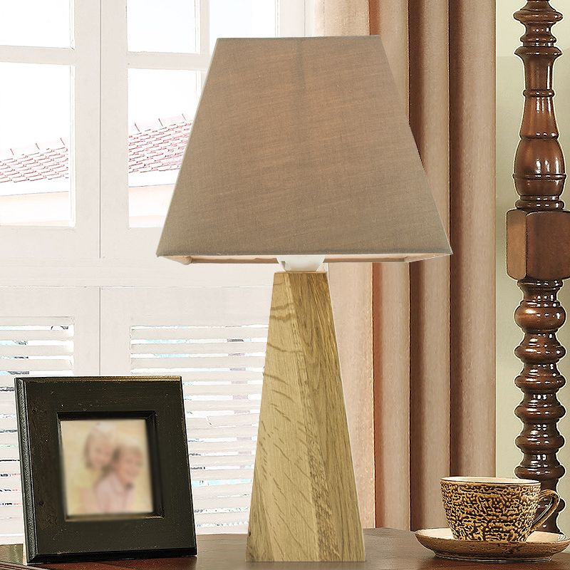 Taupe/White Pagoda Table Lamp Minimalist 1 Head Fabric Night Stand Light with Pyramidal Wood Pedestal