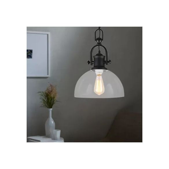 Farmhouse Dome Pendant Lamp 1-Light Clear Glass Hanging Light Fixture in Black