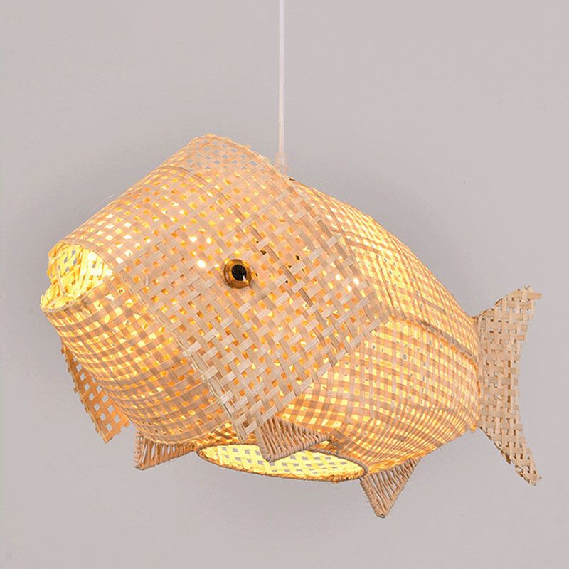Fish Shaped Restaurant Hanging Light Bamboo 1 Head Asian Ceiling Pendant in Wood