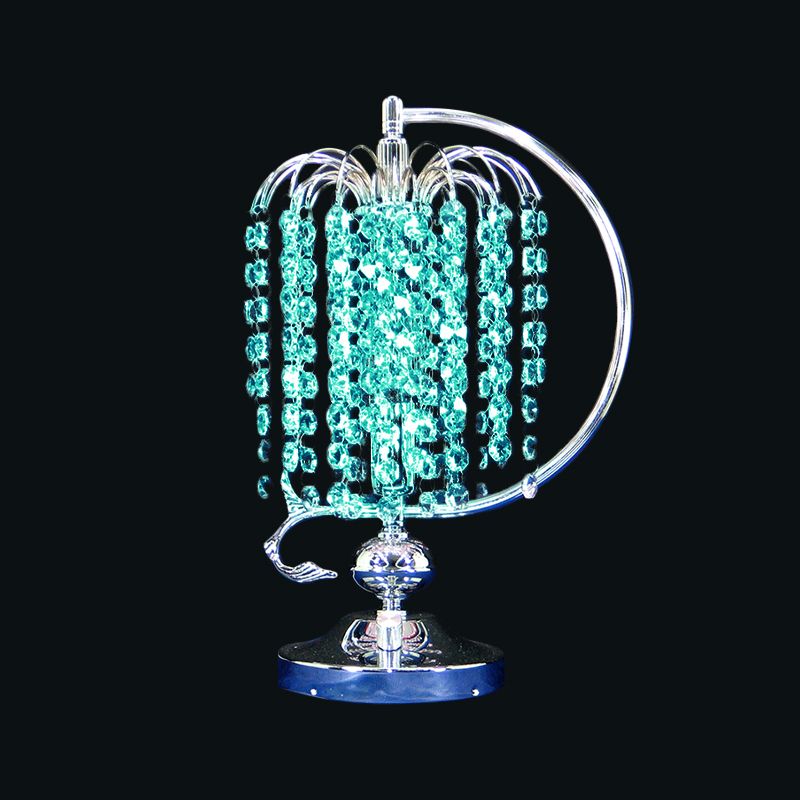 1-Head Drooping Tassel Night Light Retro Pink/Yellow/Blue Crystal Table Lighting with Polished Chrome C Arm