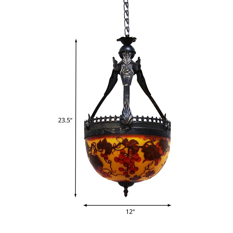 Mediterranean Flower Chandelier Lighting 12"/16" Wide 3 Lights Stained Glass Pendant Lamp in Yellow