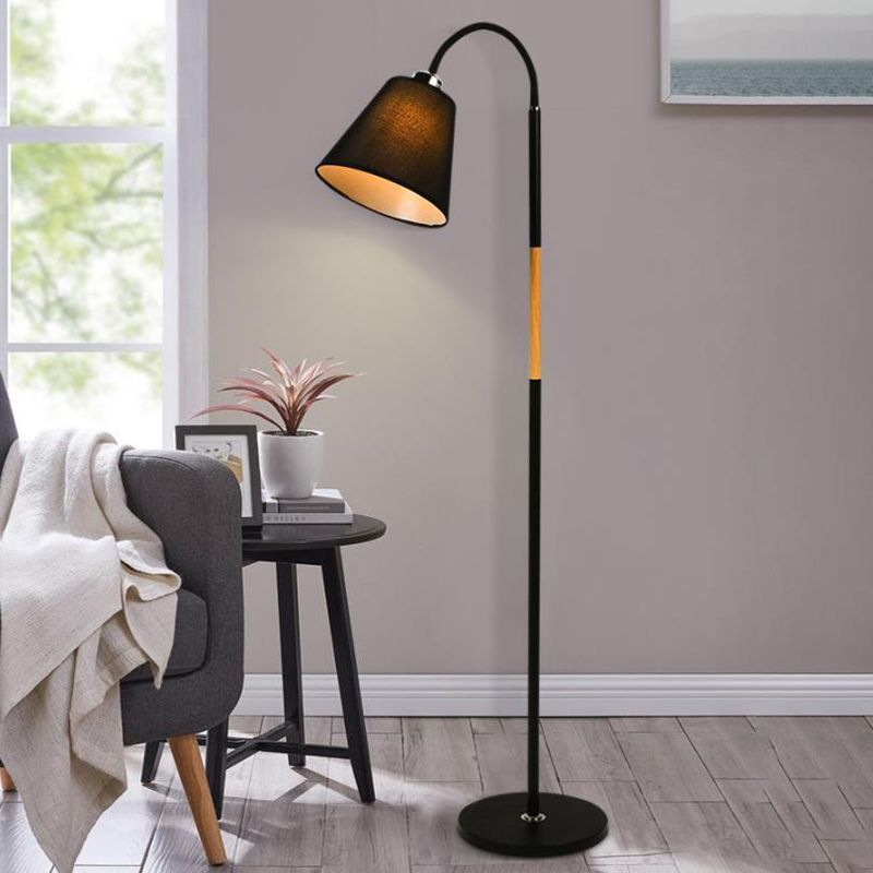 Nordic Single Floor Lamp Black/White and Wood Gooseneck Standing Light with Cone Fabric Shade