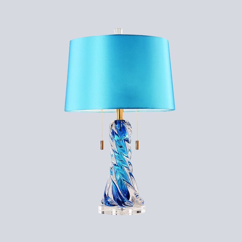 2 Heads Conical Task Lighting Modern Fabric Nightstand Lamp in Blue with Pull Chain