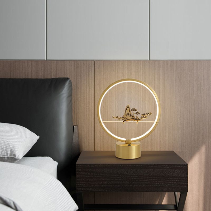 Loop Shaped LED Table Light Artistic Metal Brass Night Lamp with Carved Mountain Decor