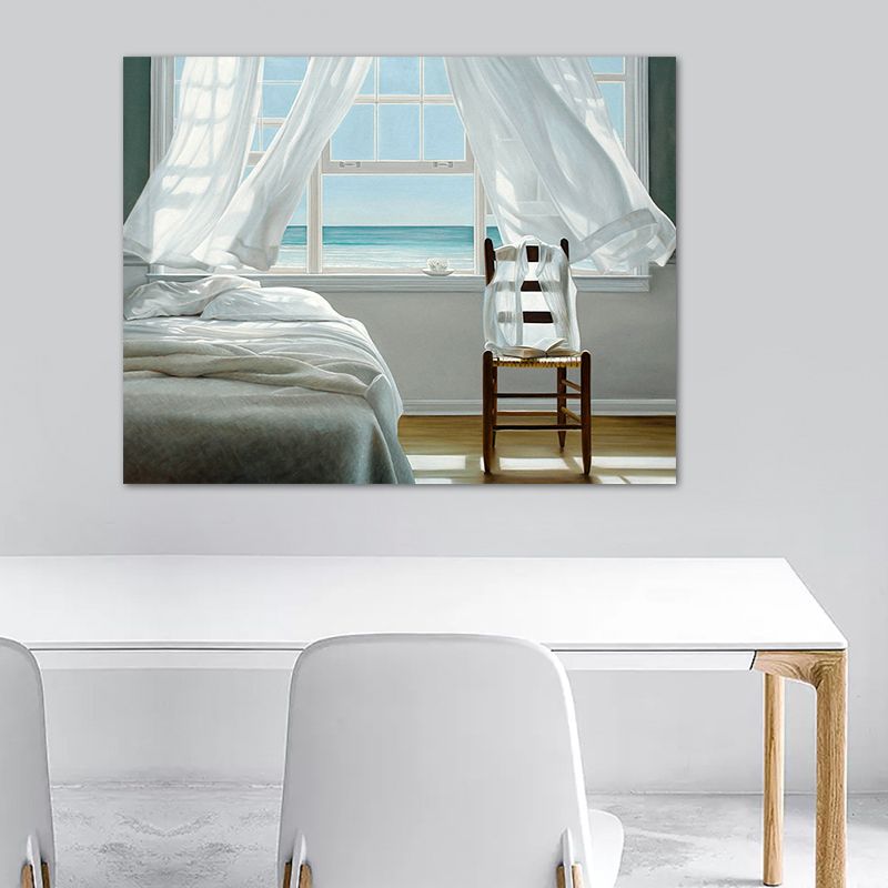 Seashore House Interior View Canvas Blue Nordic Style Wall Art Print for Bedroom