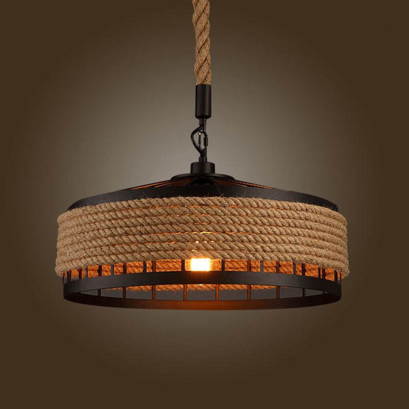 Hemp Rope Yurt Hanging Light Rustic 1 Bulb Restaurant Pendant Light Fixture in Black