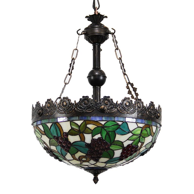 Green 3 Lights Chandelier Lighting Fixture Tiffany Stained Glass Grape Hanging Pendant for Living Room