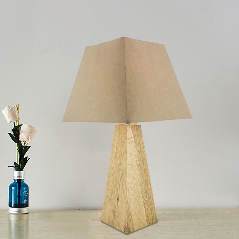 Taupe/White Pagoda Table Lamp Minimalist 1 Head Fabric Night Stand Light with Pyramidal Wood Pedestal