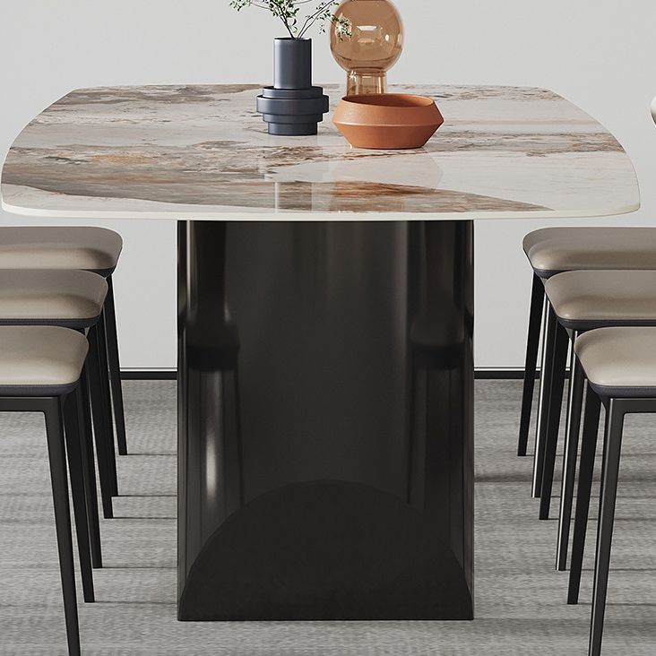 Stone Top Dining Table Modern Rectangle Table with Black Double Pedestal Base