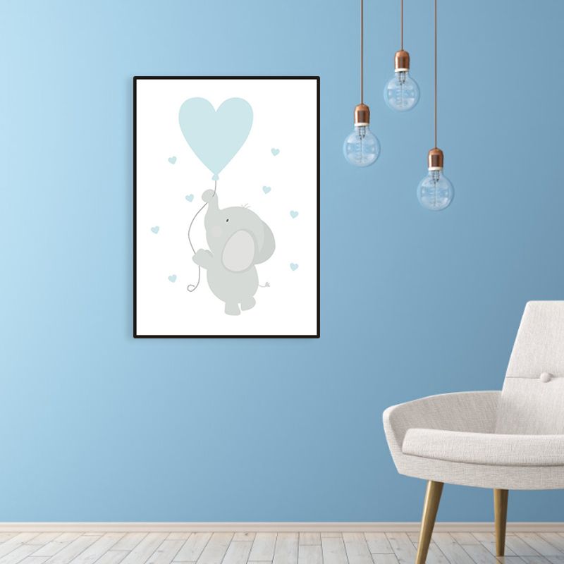 Blue Balloon and Elephant Wall Decor Animal Children's Art Textured Canvas for Baby Room