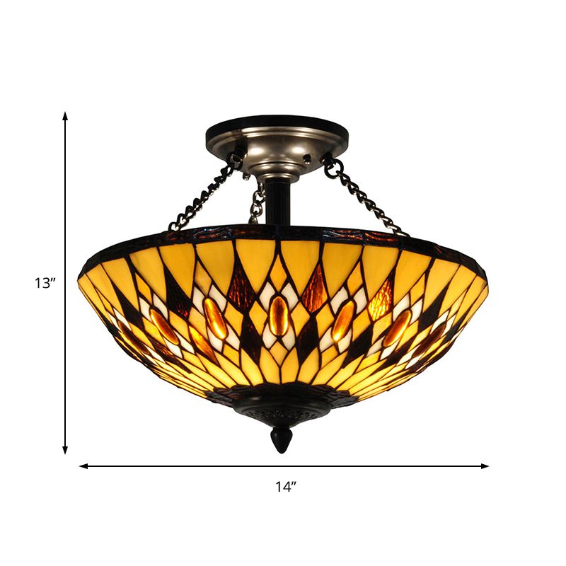 Tiffany Vintage Bowl Chandelier Stained Glass Yellow Inverted Hanging Light for Dining Room