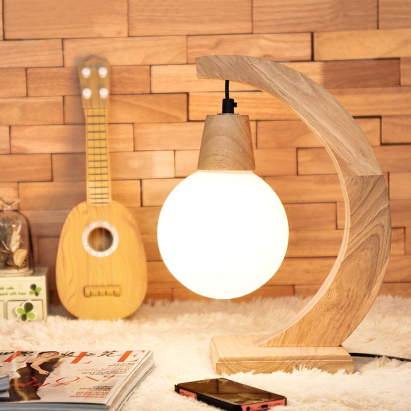 Nordic Arch Table Light Wood 1 Head Bedroom Night Stand Lamp with Ball Cream Frosted Glass Shade