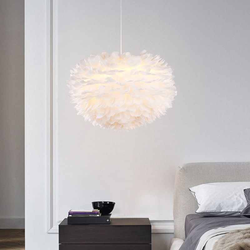 White Globe Shaped Hanging Chandelier Nordic Style Feather Suspended Lighting Fixture