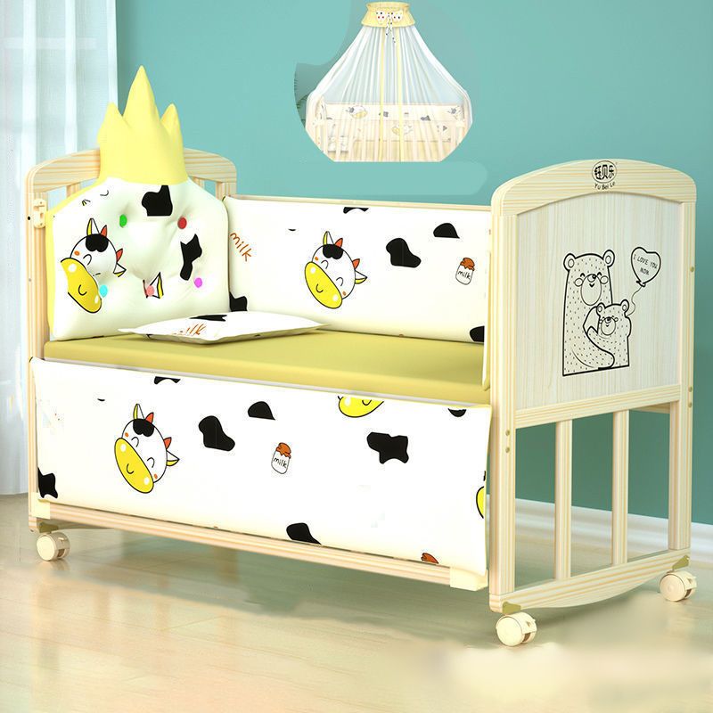 Convertible Baby Crib Wheels Wood Nursery Bed with Guardrail