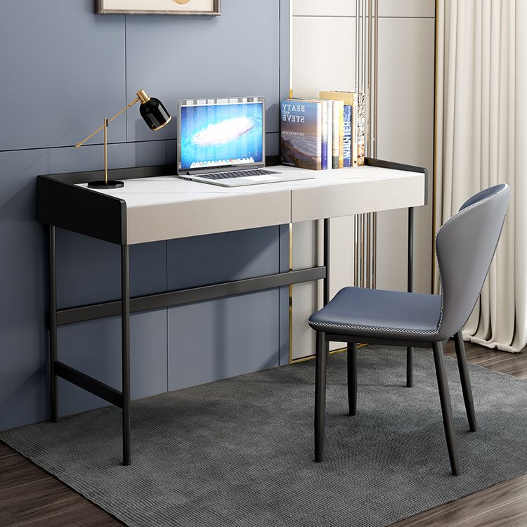 Modern Stone Rectangular Writing Desk 2-Drawers White Office Desk with H-Base